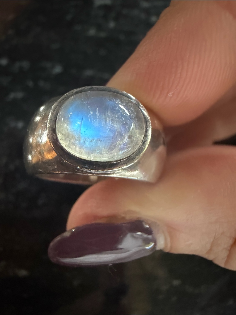 Sterling Silver 925 Blue Flash Moonstone Wide Band Statement Ring Sz 6.5-6.75